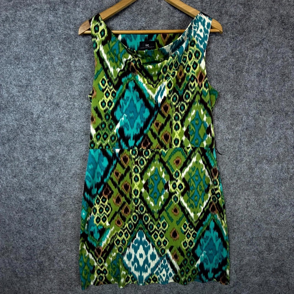 Iz Byer California Mini Dress Womens XL Green Ikat Print Stretch Cowl Neck Sexy